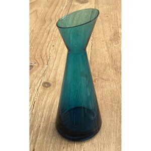 Mid Century Vintage Morgantown Adams Glass Slant Top Vase Peacock Blue 8" H